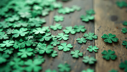 Green Shamrock Confetti on Wooden Surface