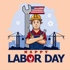 Labor Day Tribute: A smiling construction worker stands proudly, holding tools amidst an inspiring scene, celebrating the spirit of Labor Day.