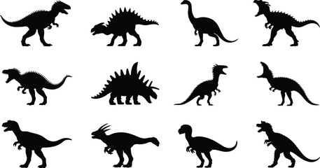 Dinosaur silhouette vector, prehistoric animal icons, black creature illustration, fossil species design, cad drawing flat vector illustration