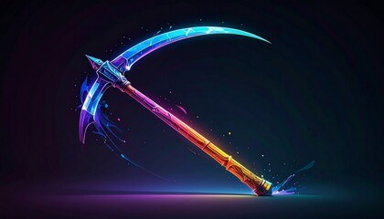 Neon pickaxe with curved blade and paint drips in digital art style on dark background