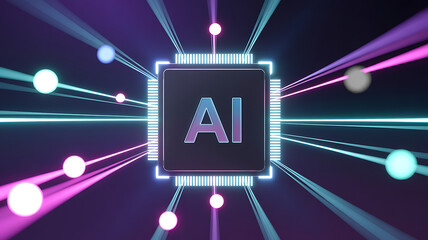 Futuristic AI processor glowing at the center with neon digital beams and colorful spheres streaming outward representing artificial intelligence cyber technology data flow and advanced innovation