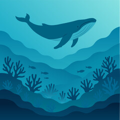 underwater scene with large swimming whale above coral reef and small fish