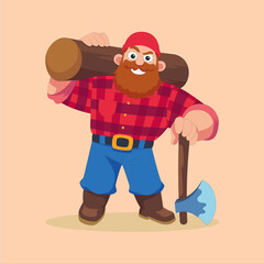 Cartoon lumberjack character with a thick red beard wearing a plaid shirt carrying a heavy log over his shoulder and holding an axe ready for woodcutting work