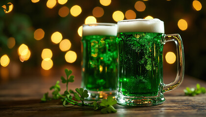 Two Glasses of Green Beer with Shamrock Decorations and Bokeh Lights