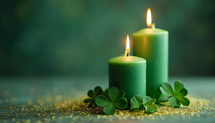 Two Green Candles with Shamrocks and Gold Glitter