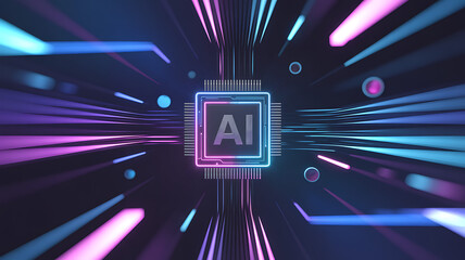 Futuristic AI processor glowing with neon digital beams streaming across dark background representing artificial intelligence cyber technology fast data motion and advanced innovation modern systems