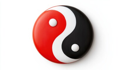 circular design featuring a red and black yin-yang symbol with white dots, representing balance and harmony.