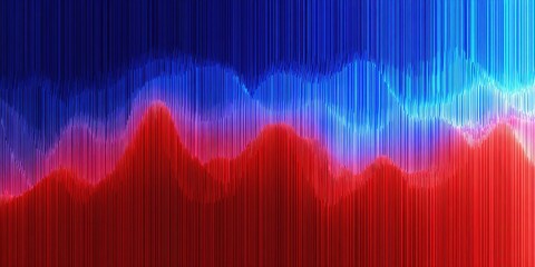A vibrant, abstract digital art piece with layered red, blue, and cyan hues evoking waveforms