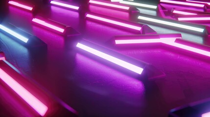 Abstract composition of glowing neon tubes in purple and white hues scattered on a surface