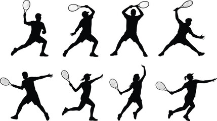 Tennis player silhouette, racket action pose, athlete swinging, serving, hitting shot, sports motion graphic, cad drawing flat vector illustration