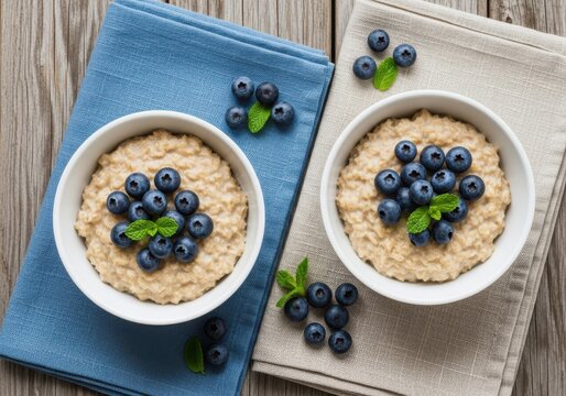 Two bowls of healthy oatmeal topped with fresh blueberries and mint leaves, served on rustic wooden table with textiles - Powered by Adobe