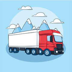 Cargo Truck on the move: A dynamic illustration captures a vibrant red cargo truck navigating the majestic mountain landscape, symbolizing transport and delivery.