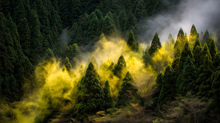 山林から舞い上がる大量のスギ花粉と黄色い煙の風景