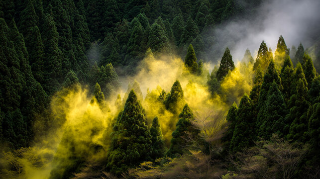 山林から舞い上がる大量のスギ花粉と黄色い煙の風景