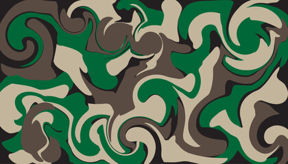 Fluid camouflage pattern with swirling shades of deep green tan and brown creating a liquid marble effect suitable for artistic or military themes