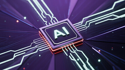Futuristic AI processor glowing in the center of a digital circuit board with neon lines representing artificial intelligence cyber technology and innovation