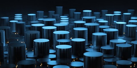 Abstract dark scene with reflective blue and silver cylinders and glowing orange points