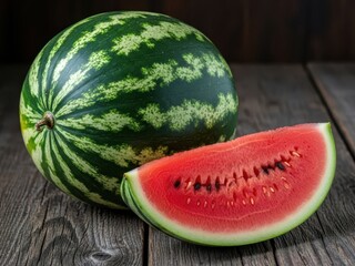 Whole and sliced fresh watermelon on a rustic wooden table, showcasing vibrant red flesh and green striped rind, perfect for summer themes.