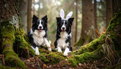 Two border collies in a forest with Easter bunny ears