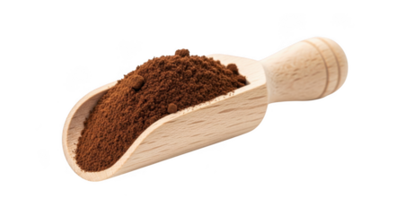 Wooden scoop filled with dark coffee grounds isolated for brewing transparent background black background