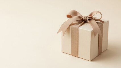 Elegant beige textured gift box adorned with a shimmering gold ribbon and bow, perfect for special occasions