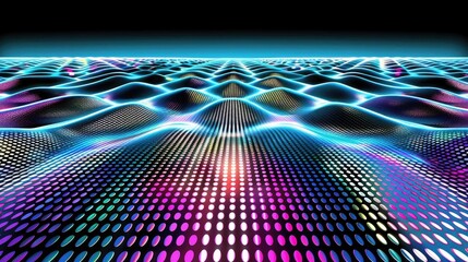 Abstract digital art featuring a rippling grid with vibrant, iridescent color gradients and dark background
