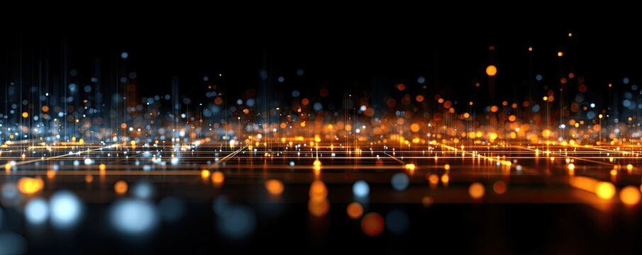 Abstract dark background with glowing orange and blue particles creating a digital grid - Powered by Adobe