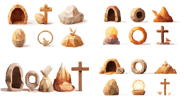 A stylized collection of Easter themed tombs, crosses, stones, and symbolic elements representing resurrection in earthy artistic tones, ideal for religious graphics and church materials.
