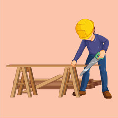Crafting Confidence: A skilled craftsman, adorned in safety gear, meticulously saws wood, demonstrating precision and dedication. He works with steady hands.