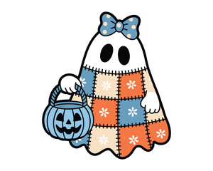 Cute Halloween Ghost with Pumpkin Basket and Bow