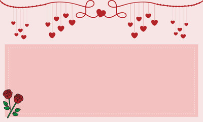 Valentine's Day Card Design with Hanging Hearts, Red Roses, and "Love" in Cute Pink Background