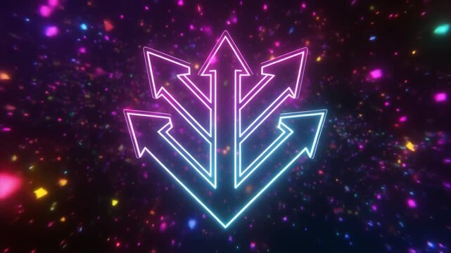 Neon Arrow Symbol with Colorful Particle Explosion Background logo direction