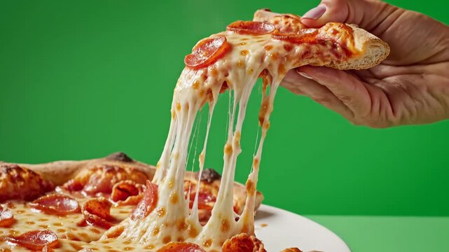 Delicious pepperoni pizza slice being lifted revealing long strings of melted cheese against a vibrant green background for food advertising