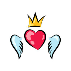 Flying heart with golden crown. Symbol love and freedom. Valentine Day. For romantic or creative design projects.