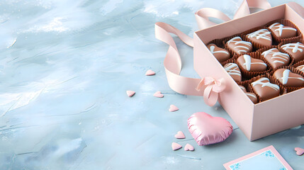 pink box with chocolate, on a light blue background, valentine's day and children's day concept