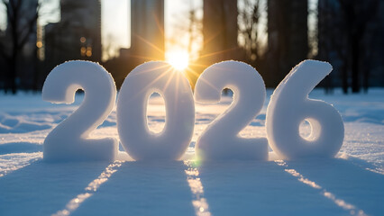 Snow numbers 2026 in winter landscape at sunset with sun flare and city skyline silhouette