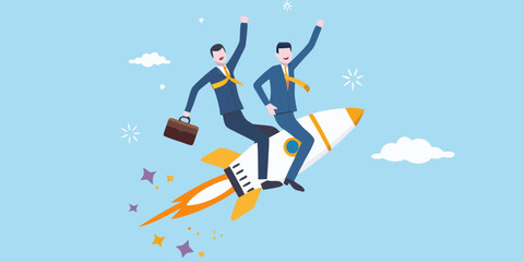 Businessmen launching on a rocket symbolizing success and growth in a vibrant scene