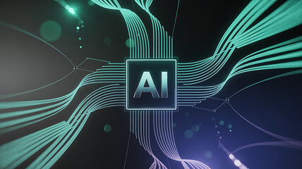 Futuristic AI processor at the center of flowing digital lines with glowing circuits and abstract pathways representing artificial intelligence cyber technology data connectivity and modern innovation
