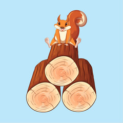 Cheerful cartoon squirrel happily sitting atop a stack of three freshly cut brown wooden logs against a solid light blue background in a simple vector style