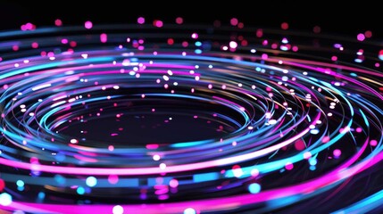 Abstract digital artwork of colorful circular light trails with scattered particles