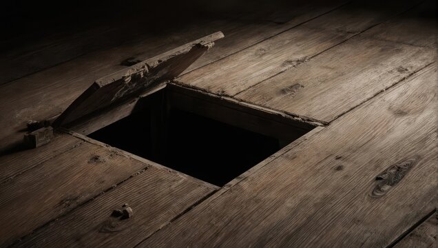 An open trap door in weathered wooden floorboards, revealing a dark void