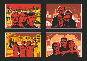 Retro Style Working Propaganda Poster Set, Working People, Factory, Plant, Construction Site. Vintage Placards Style Vector Illustrations