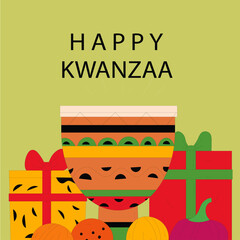 Kwanzaa Celebration: A vibrant illustration showcasing the spirit of Kwanzaa, featuring a colorful drum, gift boxes, and fresh fruit against a bright backdrop.