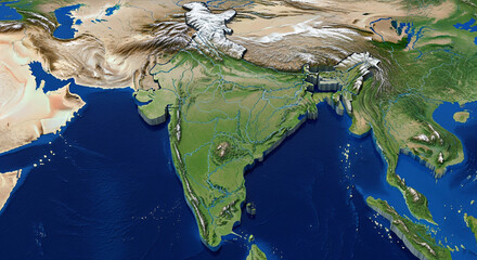 A three-dimensional, relief map perspective of the Indian subcontinent and its surrounding regions.