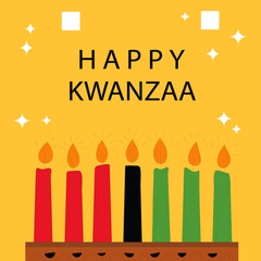 Kwanzaa Celebration: The image is vibrant with candles lit in the celebratory spirit of Kwanzaa, with the message HAPPY KWANZAA emblazoned on the backdrop.