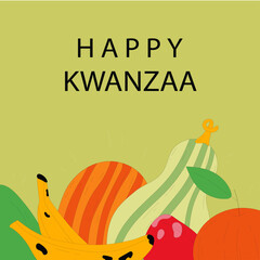 Minimalist graphic design celebrating the Kwanzaa holiday featuring stylized harvest fruits and vegetables against a soft green background wishing happiness