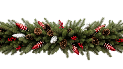 Festive christmas garland with pine branches berries and pinecones isolated on transparent background