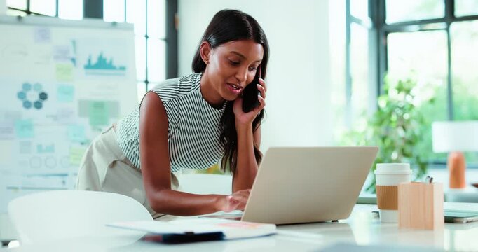 Laptop, phone call and business woman with communication for finance review, research and analytics. Office, tech and person with charts, graph and report for financial planning or project budget