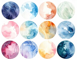 Watercolor circles, various colors & abstract patterns