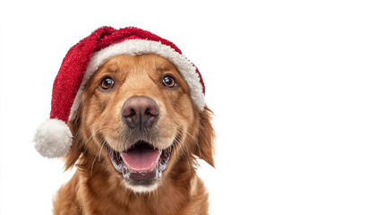 Portrait of a golden retriever dog wearing a Santa hat with a gift box, smiling at the camera on a white background with a copy of the space. New Year's banner. Christmas card. vertical photo.